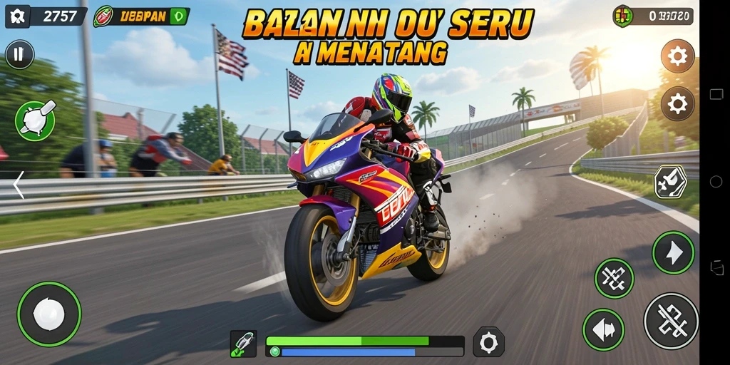Tangkapan layar dari gameplay 2757 yang menampilkan aksi balapan motor.