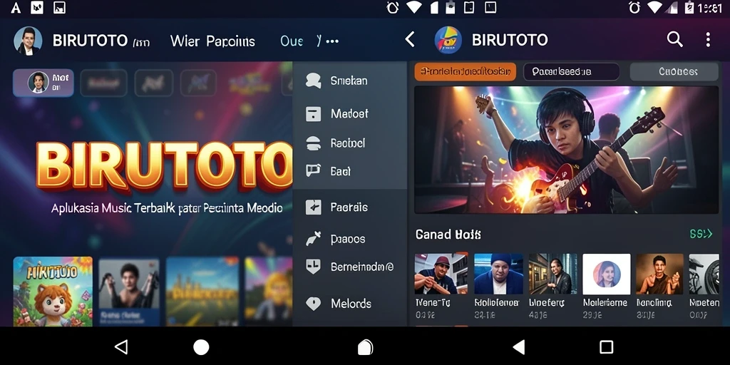 Tampilan antarmuka aplikasi BIRUTOTO dengan berbagai pilihan musik.