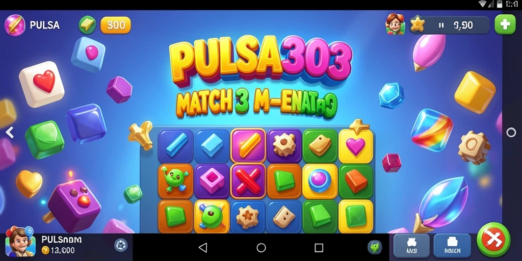 Screenshot utama PULSA303 menunjukkan gameplay Match-3 yang seru dan penuh warna.