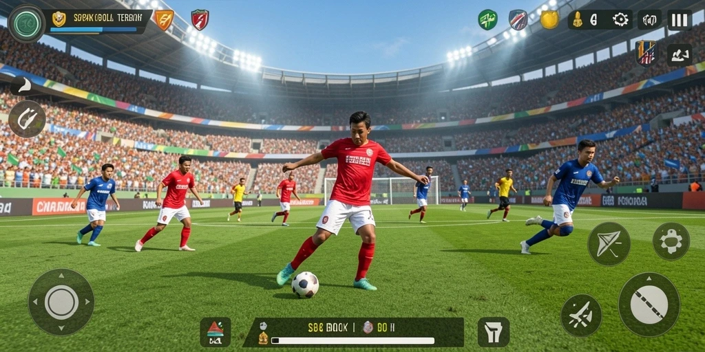 Tampilan screenshot utama RR44 yang menunjukkan aksi seru di lapangan sepak bola.
