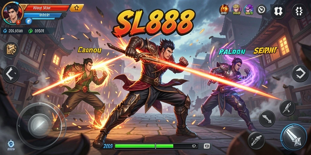 Gameplay SL888 menunjukkan pertarungan yang seru dengan aksi cepat.